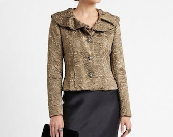 Veste de soirée en brocart doré Victor Costa | Blazer boutonné en strass | Taille 4