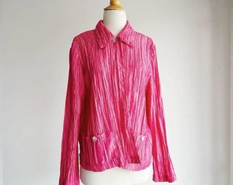 Vintage Iridescent Pink Crinkle Jacket XL Lightweight Art to Wear Statement Top
