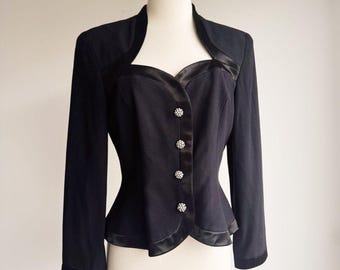 Vintage Constance Saunders Black Satin Trim Blazer Rhinestone Buttons Size 6