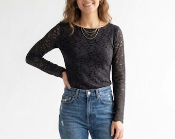 Vintage Patricia Jones Black Lace Top Made USA | Romantic 90s Lace Blouse | Lined Floral Lace Long Sleeve Size Small