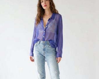 Vintage April Cornell Purple Rayon Blouse Deadstock Sheer Button Down Romantic Cottagecore Top