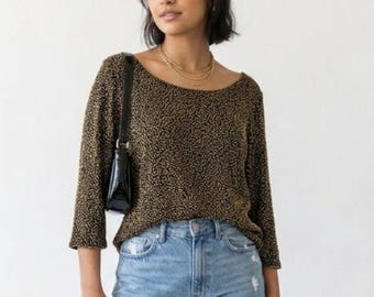 Vintage Beaded Black Top Gold Embellished Blouse XL Brilliante Evening