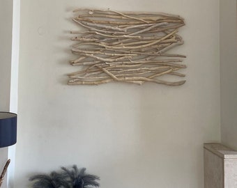 Driftwood wall panel, Organic coastal interior design