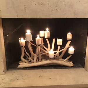 Drijfhouten kandelaar van 10 cdls, kustkandelaar, inzethaard, biologische stranddecoratie