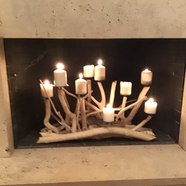 Drijfhouten kandelaar van 10 cdls, kustkandelaar, inzethaard, biologische stranddecoratie