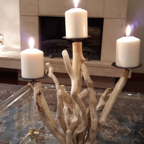 Driftwood shops 3cdls candelabra,Greece,wood candleholder,driftwood art,wedding decor,beach,coastal,nautical,modern,lake,cottage,rustic,farmhouse