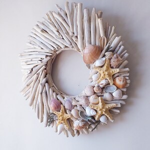 Driftwood 15wreath with shells,wood front door hanger,wall art,nautical decor,door wreath,beach,coastal,wedding decorl,rustic,lake,cottage image 2