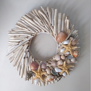 Driftwood 15wreath with shells,wood front door hanger,wall art,nautical decor,door wreath,beach,coastal,wedding decorl,rustic,lake,cottage image 3