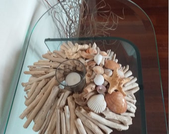 流木キャンドルホルダー、貝殻とヒトデ、海岸のオーガニック装飾