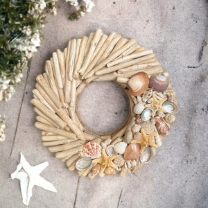 Driftwood 15wreath with shells,wood front door hanger,wall art,nautical decor,door wreath,beach,coastal,wedding decorl,rustic,lake,cottage image 1