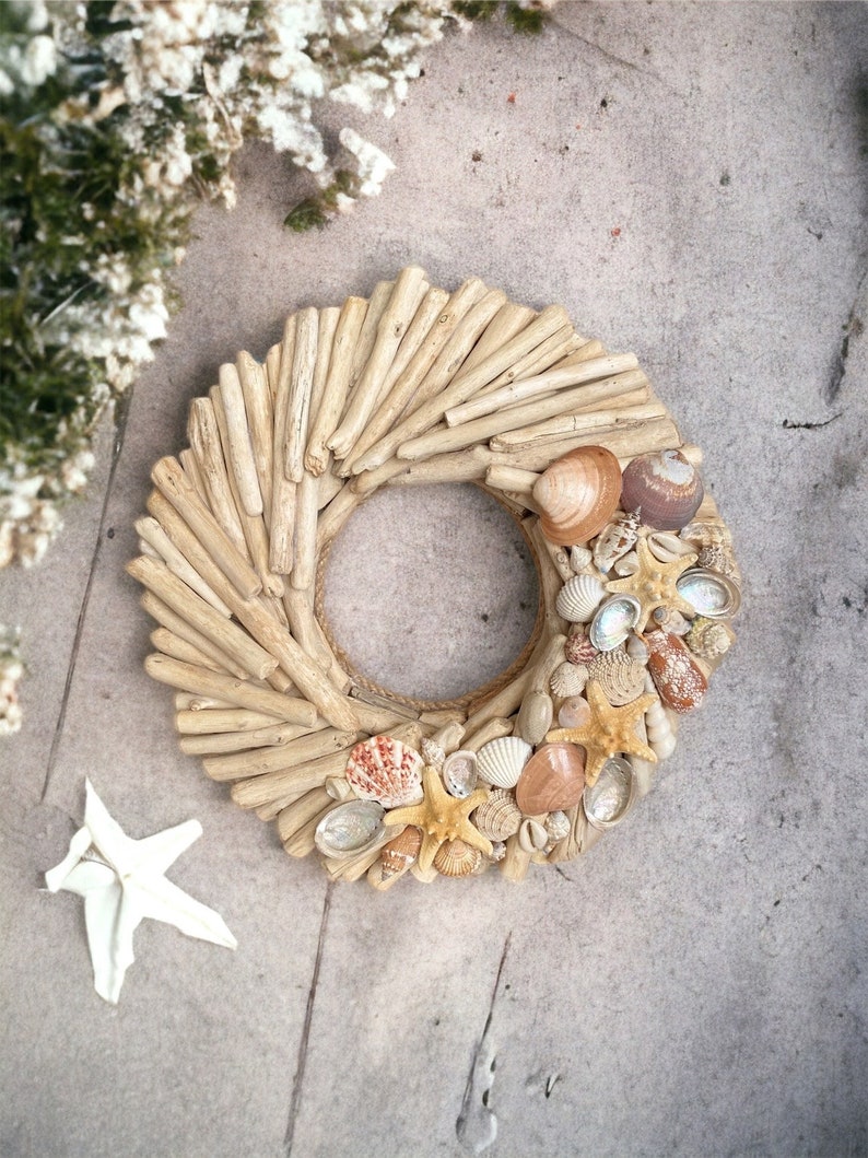 Driftwood 15wreath with shells,wood front door hanger,wall art,nautical decor,door wreath,beach,coastal,wedding decorl,rustic,lake,cottage image 1