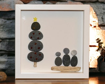 Pebble framed art,Driftwood shadow box decor,Coastal wall decoration