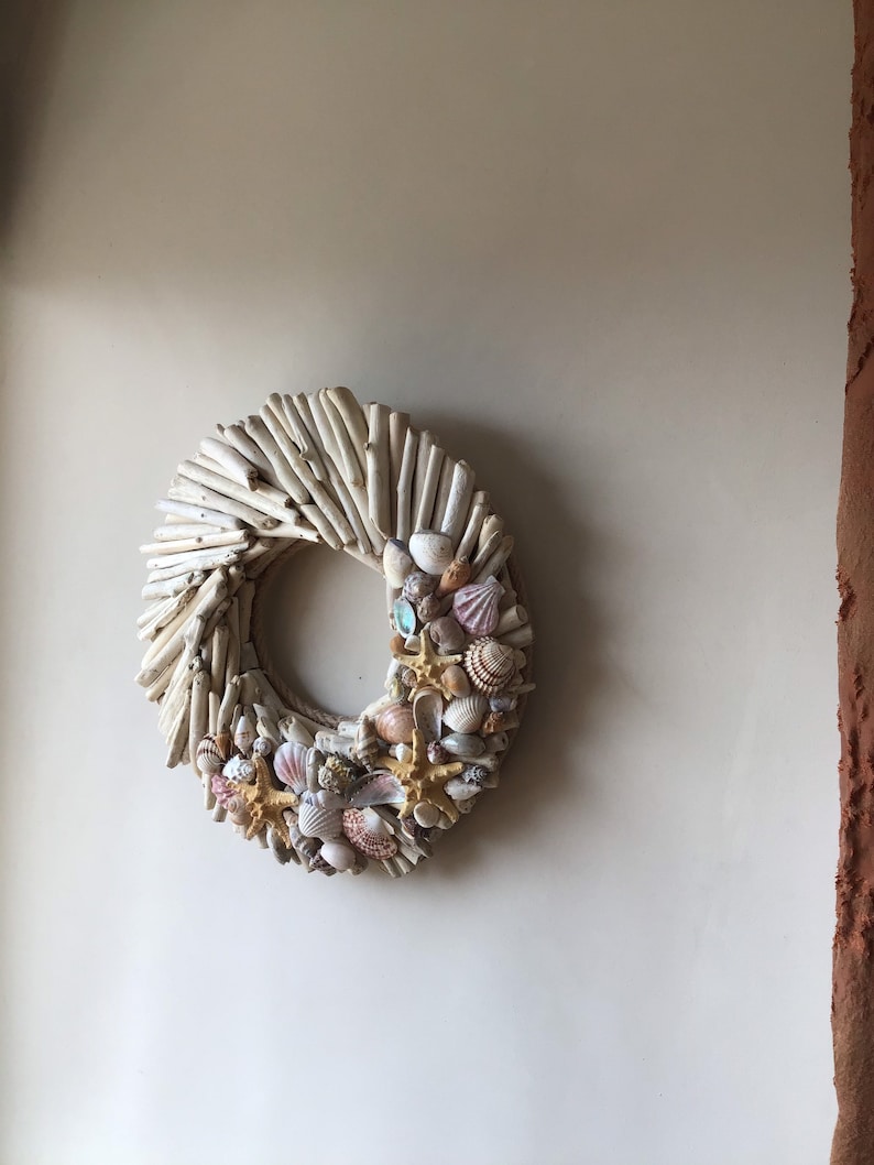 Driftwood 15wreath with shells,wood front door hanger,wall art,nautical decor,door wreath,beach,coastal,wedding decorl,rustic,lake,cottage image 7