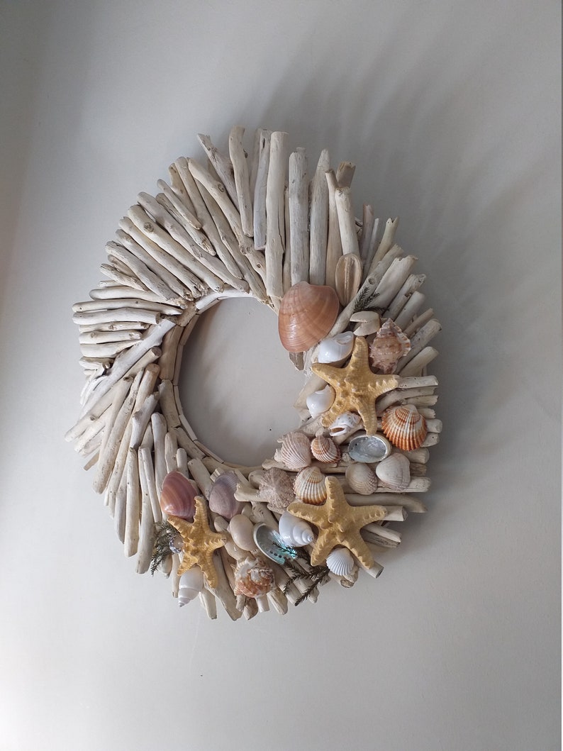 Driftwood 15wreath with shells,wood front door hanger,wall art,nautical decor,door wreath,beach,coastal,wedding decorl,rustic,lake,cottage image 9