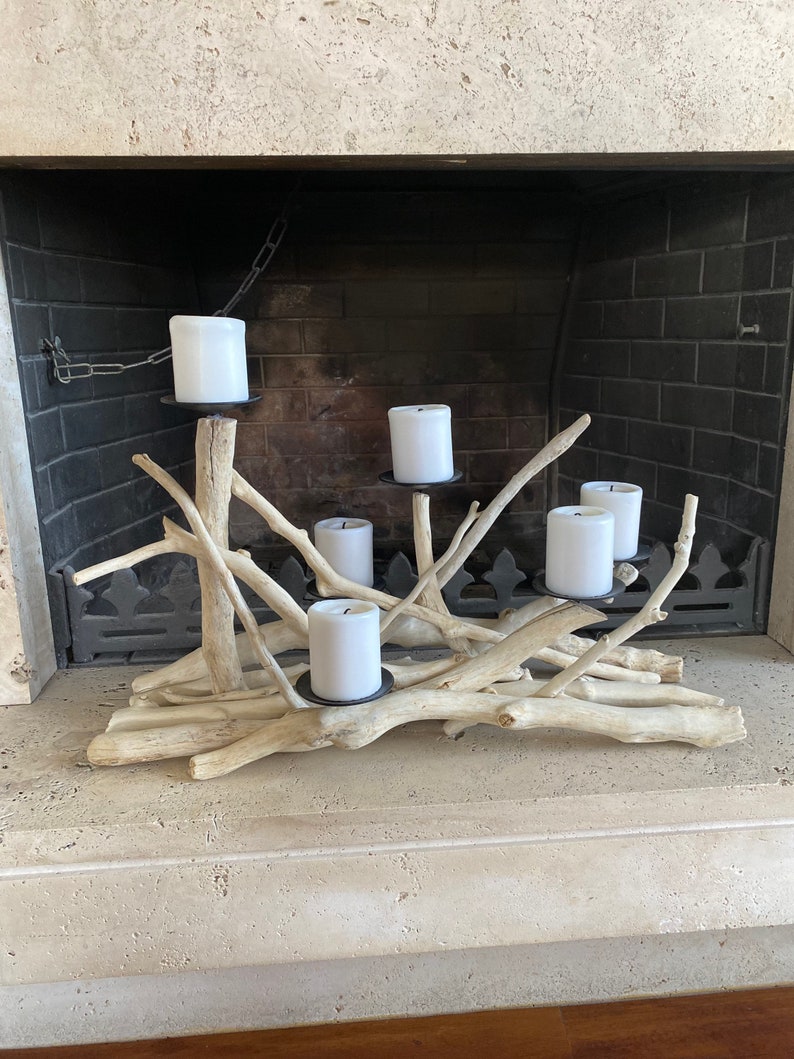 Driftwood 6 cdls candelabra,wood candleholder,farmhouse,fireplace insert,beach,coastal decor,nautical,centerpiece,wedding,cottage,sculpture image 6