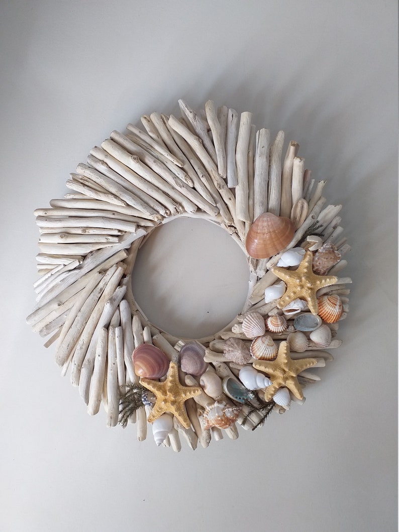 Driftwood 15wreath with shells,wood front door hanger,wall art,nautical decor,door wreath,beach,coastal,wedding decorl,rustic,lake,cottage image 3