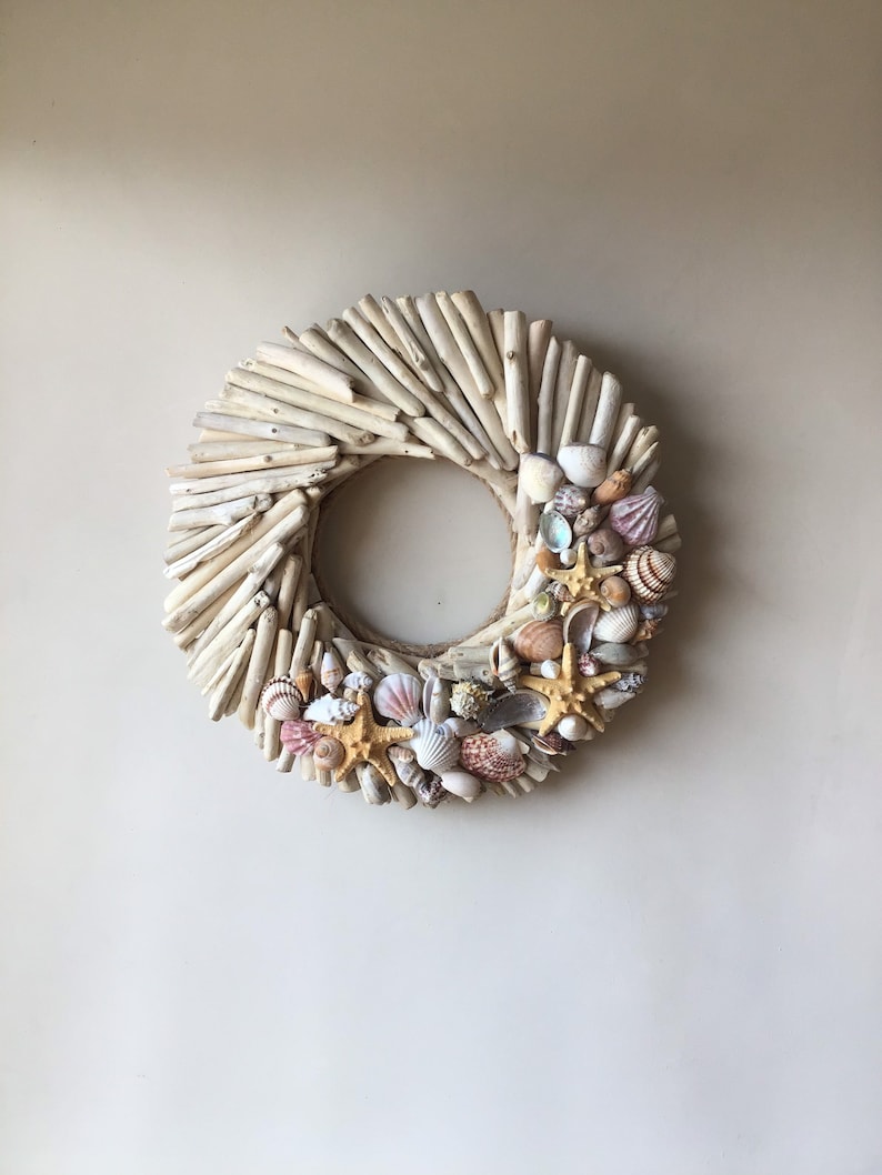 Driftwood 15wreath with shells,wood front door hanger,wall art,nautical decor,door wreath,beach,coastal,wedding decorl,rustic,lake,cottage image 6