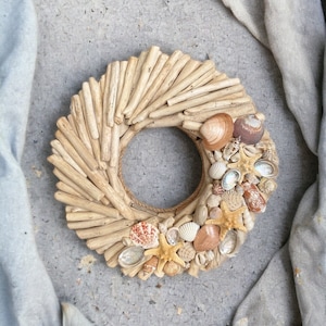 Driftwood 15wreath with shells,wood front door hanger,wall art,nautical decor,door wreath,beach,coastal,wedding decorl,rustic,lake,cottage image 4