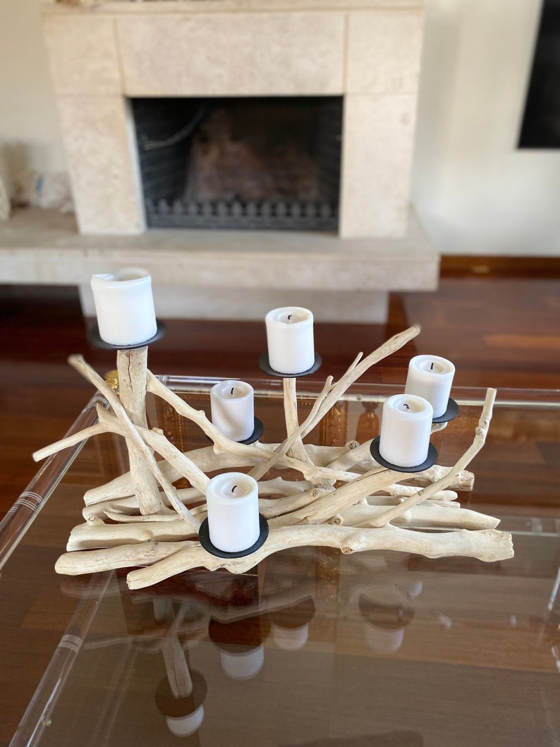 Driftwood 6 cdls candelabra,wood candleholder,farmhouse,fireplace insert,beach,coastal decor,nautical,centerpiece,wedding,cottage,sculpture image 3