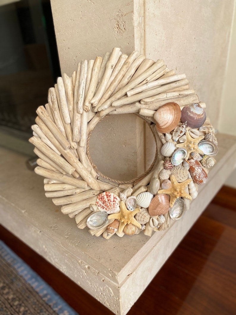 Driftwood 15wreath with shells,wood front door hanger,wall art,nautical decor,door wreath,beach,coastal,wedding decorl,rustic,lake,cottage image 10