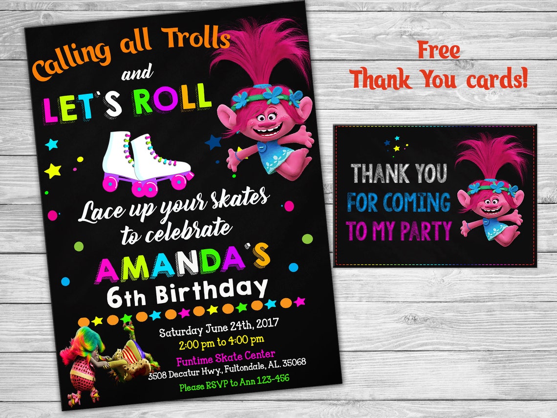 Trolls Roller Skating Invitation Trolls Birthday Invitation Etsy