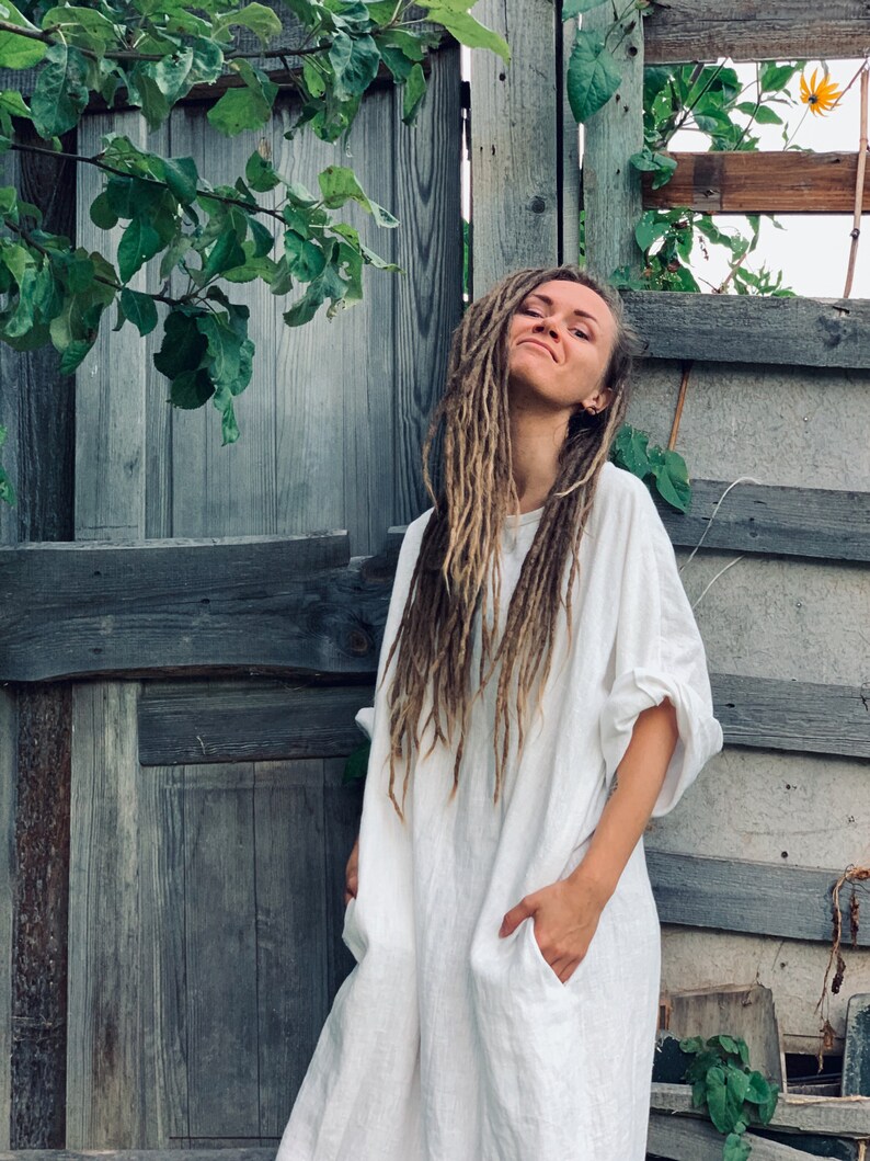 white linen long sleeve dress