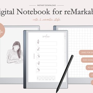 Könnte beinhalten: Ein digitales Notizbuch für das reMarkable Tablet im süßen und romantischen Stil. Das Notizbuch enthält eine Indexseite mit floralen Akzenten und eine karierte Seite. Das Notizbuch ist zum Notieren, Erstellen von Listen und Setzen von Zielen gedacht. Das Bild zeigt auch einen schwarzen Stift.
