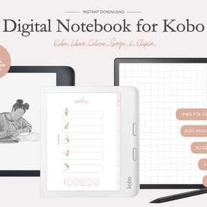May include: Digital notebook for Kobo e-readers. The image shows a digital notebook with a grid layout, index pages, and a stylus. The text includes "Take notes, make lists, and set goals!" and "Also available for Kindle."
