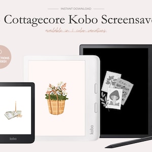 Könnte beinhalten: Ein Set mit 16 digitalen Bildschirmschonern im Cottagecore-Stil für Kobo E-Reader. Die Bildschirmschoner zeigen Illustrationen von Blumen, Pilzen und anderen naturinspirierten Elementen. Das Bild zeigt drei Kobo E-Reader, die verschiedene Bildschirmschoner anzeigen.