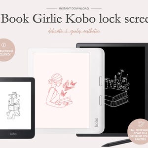 Op de afbeelding: Tien digitale vergrendelschermdesigns voor een Kobo e-reader. De ontwerpen hebben een minimalistische esthetiek met lijntekeningen van boeken, vlinders en bloemen. De tekst "10 Book Girlie Kobo lock screens" en "delicate & girly aesthetic" wordt bovenaan de afbeelding weergegeven.