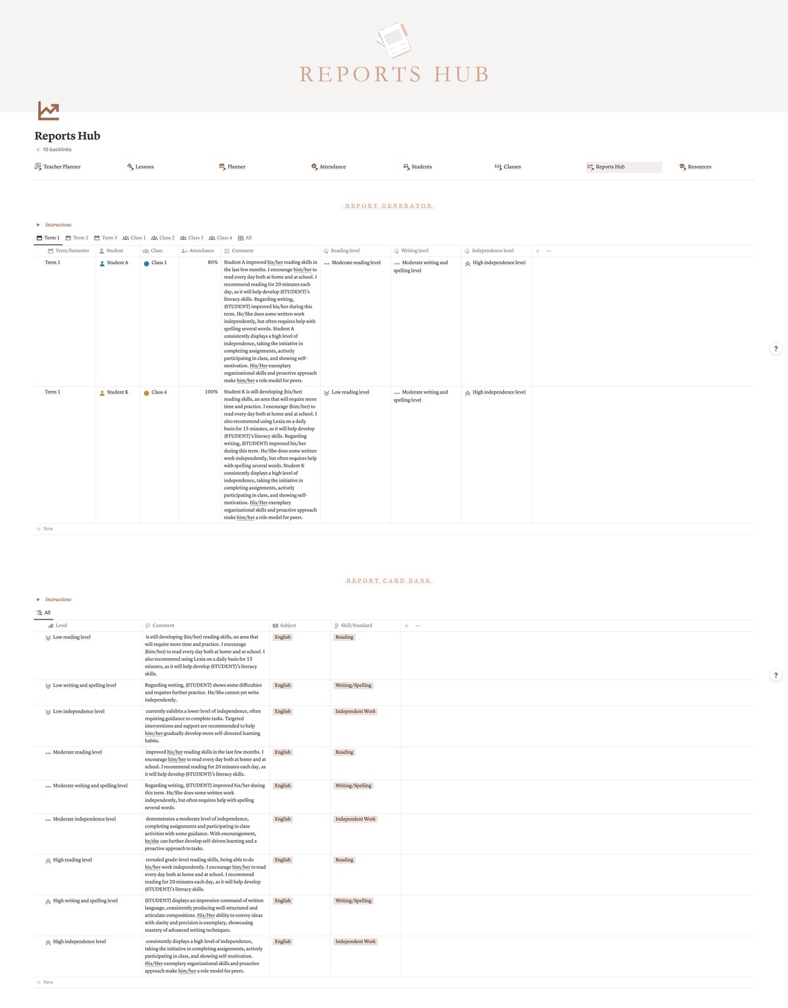Teacher Planner Notion, Lesson Planner, Report Card Generator, Reusable ...