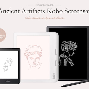May include: A set of 15 digital screensavers for Kobo e-readers featuring line drawings of ancient artifacts. The screensavers are in four variations, including black and white, and color.
