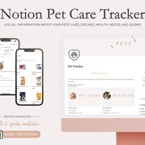 May include: A screenshot of a Notion template for tracking pet care. The template has a pink and white color scheme and includes sections for pet profiles, shopping lists, and weather information. The text "Pet Tracker" is displayed at the top of the template.