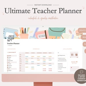 Planner per insegnanti Notion, pianificatore di lezioni, generatore di pagelle, sistema di organizzazione degli insegnanti riutilizzabile, modello Notion per insegnanti