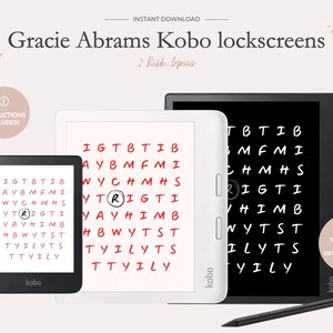 May include: Digital Kobo lockscreens featuring Gracie Abrams lyrics. The image shows three Kobo e-readers in black, white, and gray, each displaying a word search design. The text includes "Gracie Abrams Kobo lockscreens" and "Risk lyrics."