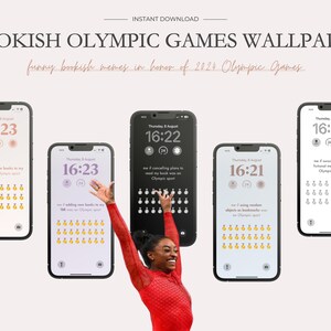 May include: Four phone screens with different bookish Olympic Games themed wallpapers. The screens show a clock with the time 16:23, 16:22, 16:23, and 16:21. The text on the screens reads "I'm adding new books to my TBR was an Olympic sport", "I'm cancelling plans to read my book was an Olympic sport", "I'm adding new books to my TBR was an Olympic sport", and "I'm using random objects as bookmarks was an Olympic sport". A woman in a red leotard is doing a handstand in front of the screens.