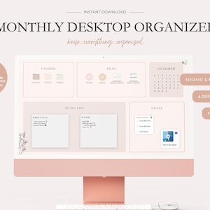 Könnte beinhalten: Ein Computerbildschirm zeigt einen Desktop-Organizer mit Abschnitten für Ordner, Dateien, To-Do-Listen und Ziele. Der Organizer ist in einer neutralen Farbpalette mit romantischem Stil gehalten und enthält Kalender für Oktober 2024 bis Dezember 2033.