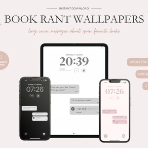 May include: Three phone screen mockups with a book rant theme. The mockups show a black phone with a dark grey background, a white phone with a light grey background, and a pink phone with a light pink background. Each phone screen displays a time, a message bubble, and a voice message icon. The text on the screens reads "Why do you like the Fourth Wing so much?" and "I'm so glad you asked."