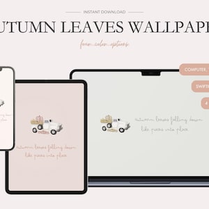 May include: A digital desktop wallpaper featuring a white pickup truck with a bed full of pumpkins and fall leaves. The text "autumn leaves falling down like pieces into place" is written in a handwritten font.