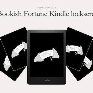 Puede incluir: Diez pantallas de bloqueo de Kindle en blanco y negro con diseños de galletas de la fortuna y citas inspiradoras. Las citas incluyen "Un nuevo capítulo en la vida te espera - intenta pasar la página" y "Leer es el superpoder definitivo. Vive sabiamente."