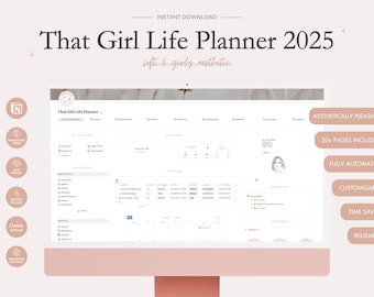 Può includere: Uno schermo digitale che mostra un planner di vita con il titolo "That Girl Life Planner 2025". Il planner è progettato con un'estetica morbida e femminile. Lo schermo è circondato da una cornice rosa. Il testo "AESTHETICALLY PLEASING", "20+ PAGES INCLUDED", "FULLY AUTOMATED", "CUSTOMIZABLE", "TIME SAVER" e "REUSABLE" è visualizzato sul lato destro dello schermo.