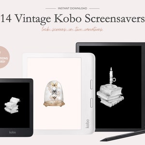 May include: A set of 14 vintage Kobo screensavers featuring two variations of lock screens. One variation features a glass dome with butterflies and the other features a stack of books with a candle on top. The screensavers are displayed on a white and black Kobo e-reader.