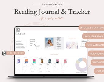 Op de afbeelding: Een laptopscherm dat een Notion-sjabloon voor een leesdagboek en tracker weergeeft. De sjabloon heeft een zachte en meisjesachtige esthetiek met een roze en witte kleurschema. De sjabloon bevat secties voor het stellen van doelen, het bijhouden van de voortgang van het lezen en het bijhouden van een boekendagboek. De sjabloon is volledig geautomatiseerd en aanpasbaar met widgets.