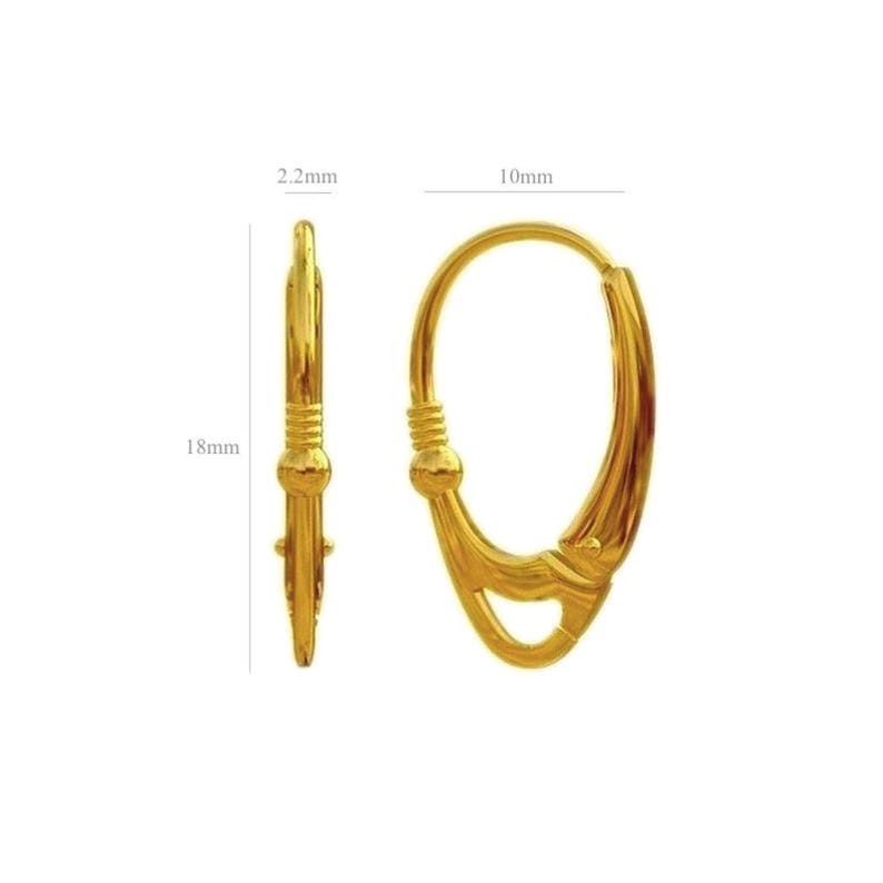 Gold leverback earrings with detailed dimensions of 18mm height and 10mm width.