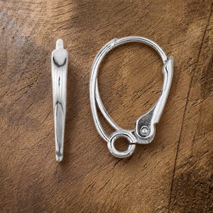 Op de afbeelding: Een paar zilverkleurige oorbelonderdelen bestaande uit een gladde, langwerpige gebogen stift en een ovaalvormig klapoorbelmechanisme met een kleine ronde lus aan de onderkant voor het bevestigen van sieraden, met een gepolijste afwerking.
