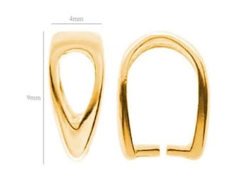Może przedstawiać: Złota metalowa zawieszka do zawieszki z otworem 4 mm i długością 9 mm. Zawieszka jest zaprojektowana do mocowania zawieszki do łańcuszka lub sznurka.