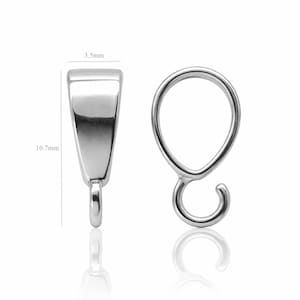 May include: Two silver pendant bails. One is rectangular, measuring 3.5mm wide and 10.7mm long. The other is a teardrop shape with a small loop at the bottom. Both have a shiny, reflective surface.