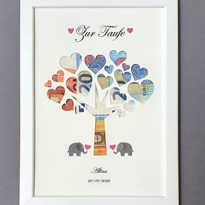 Geldgeschenk zur Taufe, Taufgeschenk Mädchen, Geschenk zur Taufe, Geschenk Taufe personalisiert, Taufbaum, Bilderrahmen mit Daten