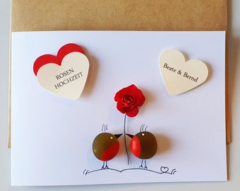 Geschenkkarte Rosenhochzeit mit kleinen Vögelchen, 10 Hochzeitstag, Meerglas, Klappkarte, Wunschnamen, Kieselsteinkunst, Grußkarte Liebe