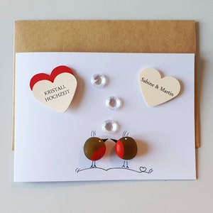 Geschenkkarte Kristallhochzeit mit kleinen Vögelchen, 15 Jahrestag, Meerglas, Klappkarte, Wunschnamen, Kieselsteinkunst, Grußkarte Liebe
